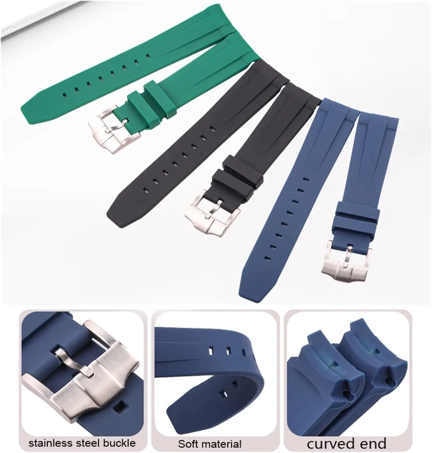 Rubber Watch Strap 20mm Curved End Soft Silicone Watchband Black Green Blue Diving Bracelet Wrist Band