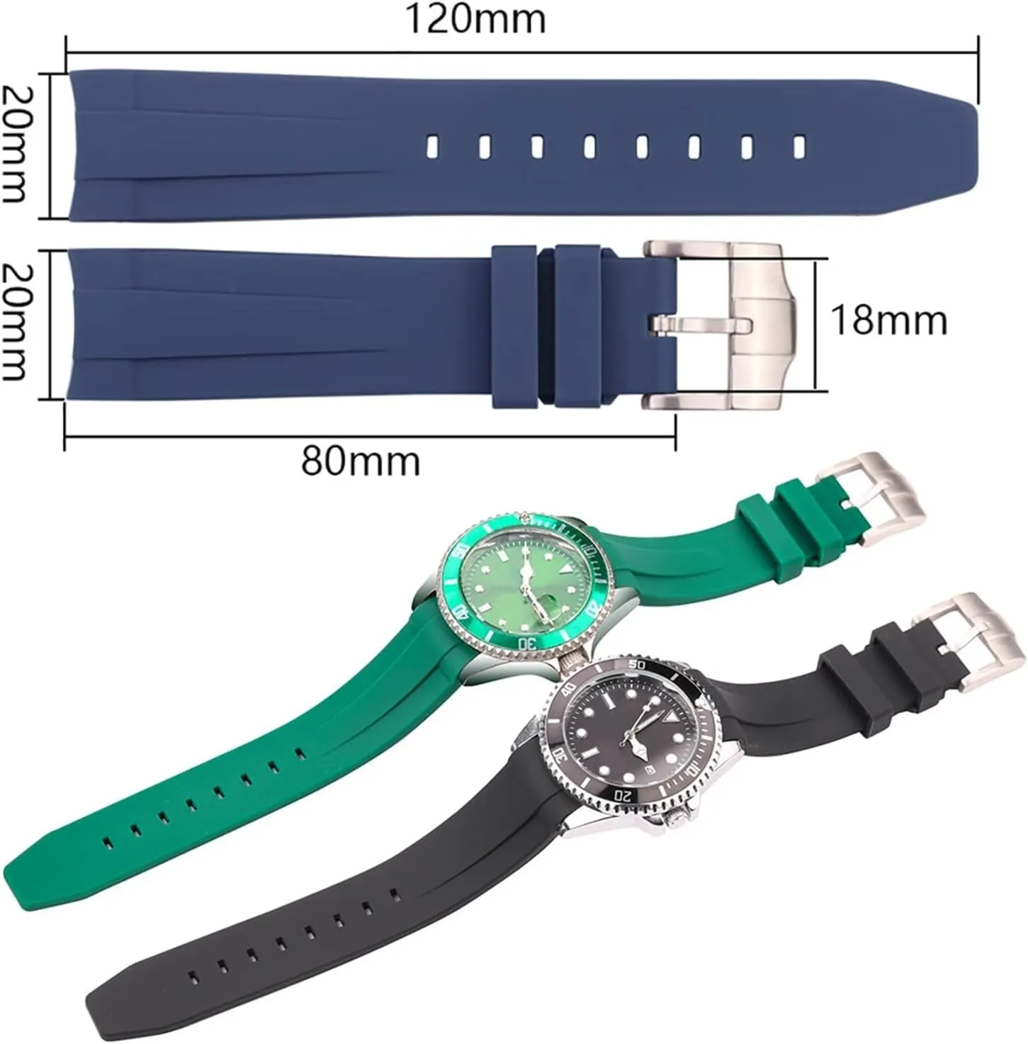 Rubber Watch Strap 20mm Curved End Soft Silicone Watchband Black Green Blue Diving Bracelet Wrist Band