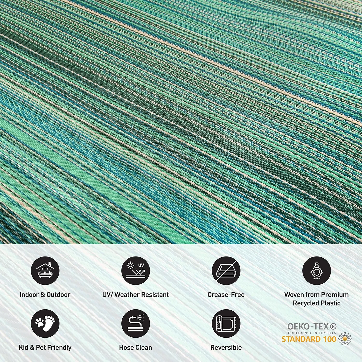 Rugshop Contemporary Stripe Reversible Crease-Free Waterproof Premium Recycled Plastic Outdoor Rugs for Patio,Backyard,RV,Deck,Picnic,Trailer,Beach,Camping Blue 3' x 5'