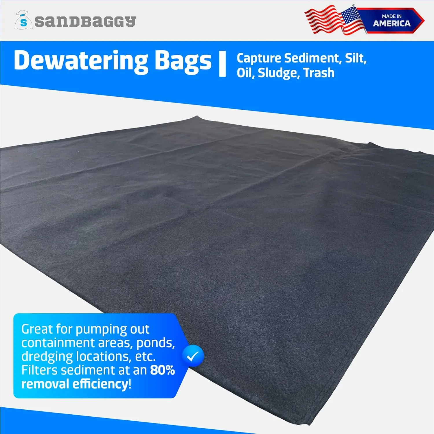 Sandbaggy Dewatering Bags - Made in America - Filters Sediment, Silt, Oil, Sludge - Use for Construction Sites, Dredging - Material: Non Woven Geotextile Fabric (6 ft x 6 ft, 5) Black