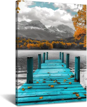 SANGGUOBIN Blue Dock Canvas Wall Art Autumn Lake View Print Painting Natural Landscape Art Decorative Poster for Living Room Office Wall Decor(Blue-3,24x36inch)