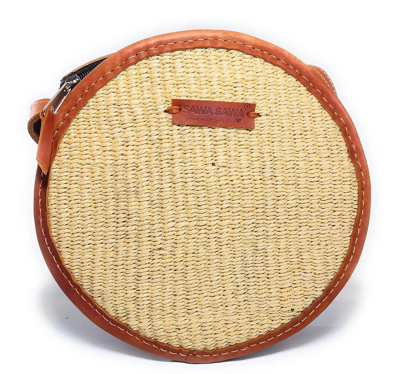 SAWA SAWA Peace Round Handmade Sisal Crossbody Bag, Hand Woven Bag with Adjustable Leather Strap, Lightweight Summer Bags for Women, Vacation Beach Purse with Flap and Zipper Closure Ideal for Travel
