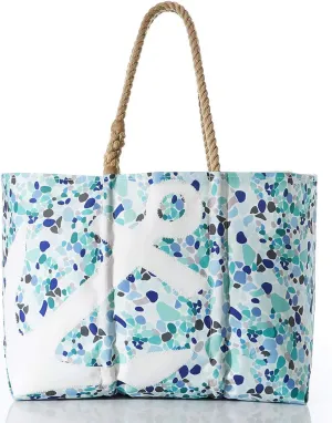 Sea Bags Recycled Sail Cloth White Anchor on Sea Glass Print Large Tote Bag Beach Bag Tote, Large Travel Bag, Tote Bag for Work Rope Handles