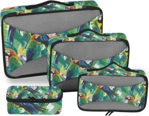Seamless Colorful Parrots and Exotic Green Plants with Pink Flowers 4 PCs Set Packing Bags, Luggage Organizer Bag, Portable Cube Toiletry bag, Durable Travel Cosmetic Storage Bag for Men Women