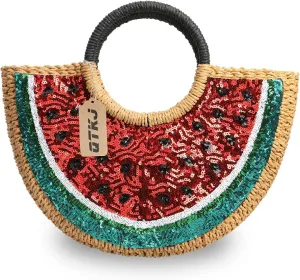 Semi-circle Rattan Straw Handbags, Hand-woven Summer Watermelon Beach Straw Bag with Sequin for Women