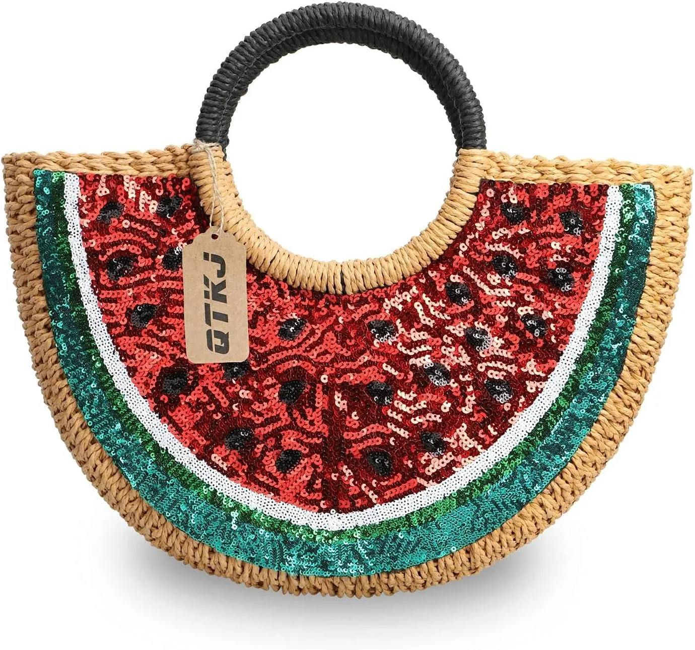 Semi-circle Rattan Straw Handbags, Hand-woven Summer Watermelon Beach Straw Bag with Sequin for Women