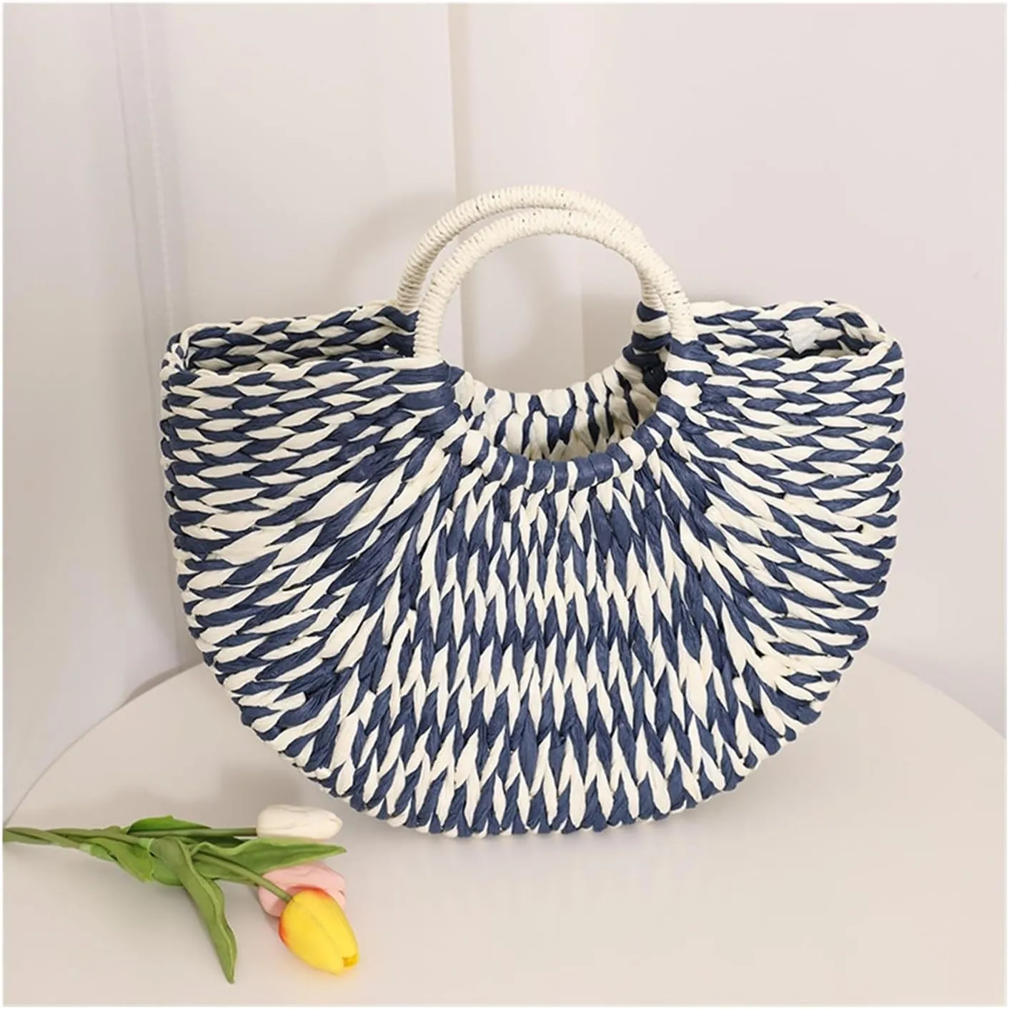 Semi-circular hand-held straw bag, colorful seaside vacation commuting all-match
