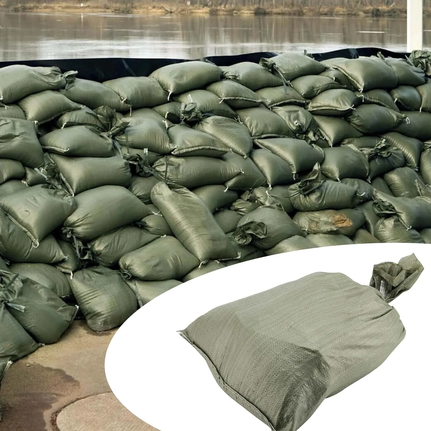 SEUNMUK 60 Pack 20 x 30 Inch Gray Woven Sand Bags, Empty Woven Plastic Sand Bags, Heavy Duty Flood Protection Sand Bags with 20 M Ties for Flood Control, Storage