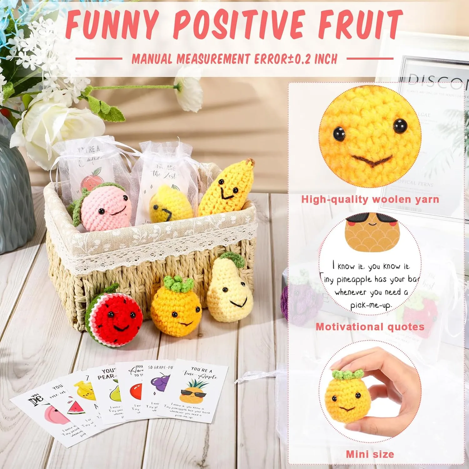 Shappy 20 Sets Inspirational Positive Fruit Toy Gift Cute Funny Wool Knitted Fruit Mini Employee Appreciation Gift Motivational Pun Card Organza Bag Classroom Team Graduation Party Favor for Student