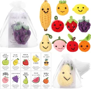 Shappy 20 Sets Inspirational Positive Fruit Toy Gift Cute Funny Wool Knitted Fruit Mini Employee Appreciation Gift Motivational Pun Card Organza Bag Classroom Team Graduation Party Favor for Student