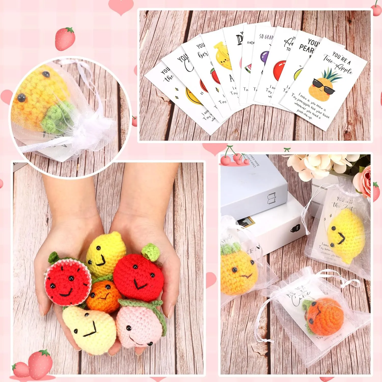 Shappy 20 Sets Inspirational Positive Fruit Toy Gift Cute Funny Wool Knitted Fruit Mini Employee Appreciation Gift Motivational Pun Card Organza Bag Classroom Team Graduation Party Favor for Student