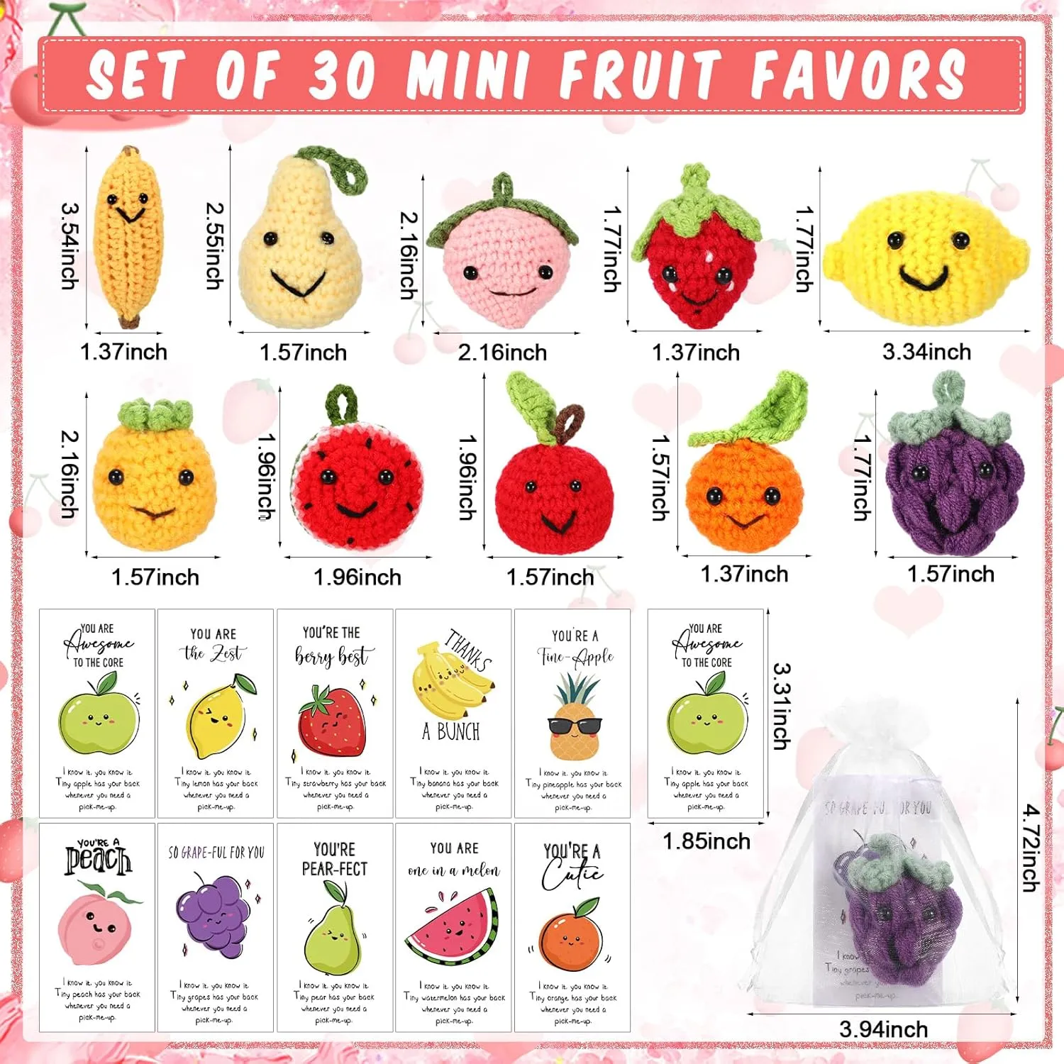 Shappy 20 Sets Inspirational Positive Fruit Toy Gift Cute Funny Wool Knitted Fruit Mini Employee Appreciation Gift Motivational Pun Card Organza Bag Classroom Team Graduation Party Favor for Student