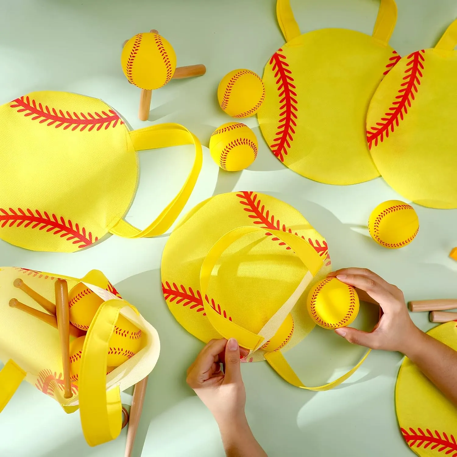 Shihanee 24 Pcs Softball Party Favor Bags Ball Themed Party Goody Candy Bags Sport Game Treat Handbags Softball Non Woven Gift Handbags for Sport Theme Party Supplies