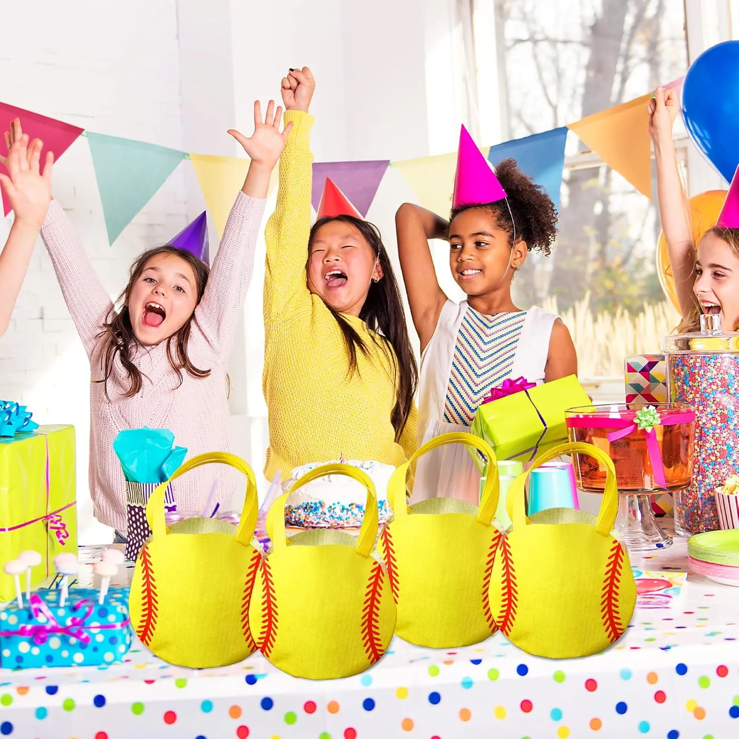 Shihanee 24 Pcs Softball Party Favor Bags Ball Themed Party Goody Candy Bags Sport Game Treat Handbags Softball Non Woven Gift Handbags for Sport Theme Party Supplies