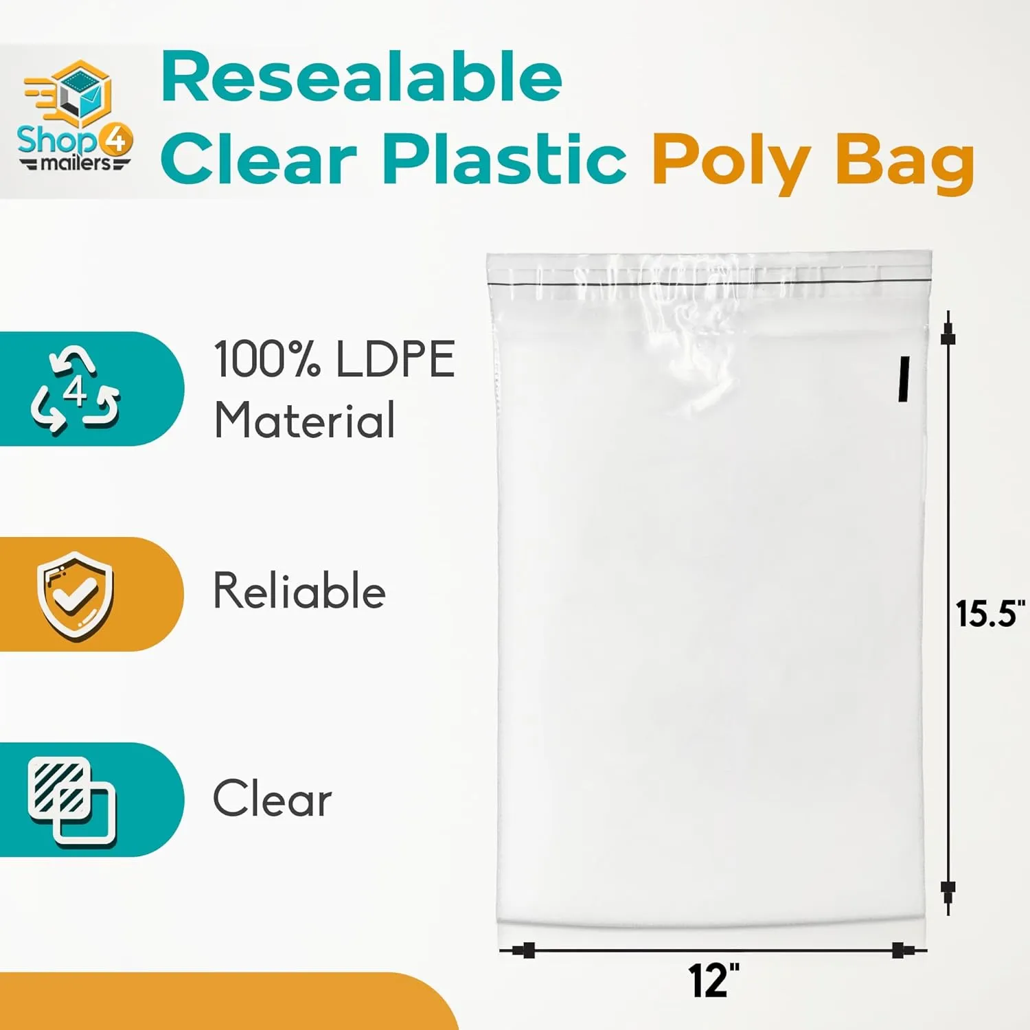 Shop4Mailers 12 x 15.5 Clear Plastic Poly Bags 1.5 Mil Self Seal Packaging for Apparel, Jewelry, Documents, Prints, Gifts, Storage – Resealable (200 Pack)