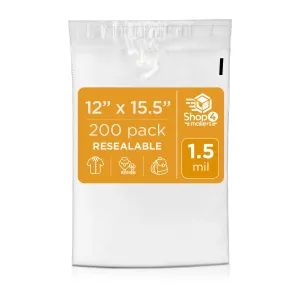 Shop4Mailers 12 x 15.5 Clear Plastic Poly Bags 1.5 Mil Self Seal Packaging for Apparel, Jewelry, Documents, Prints, Gifts, Storage – Resealable (200 Pack)