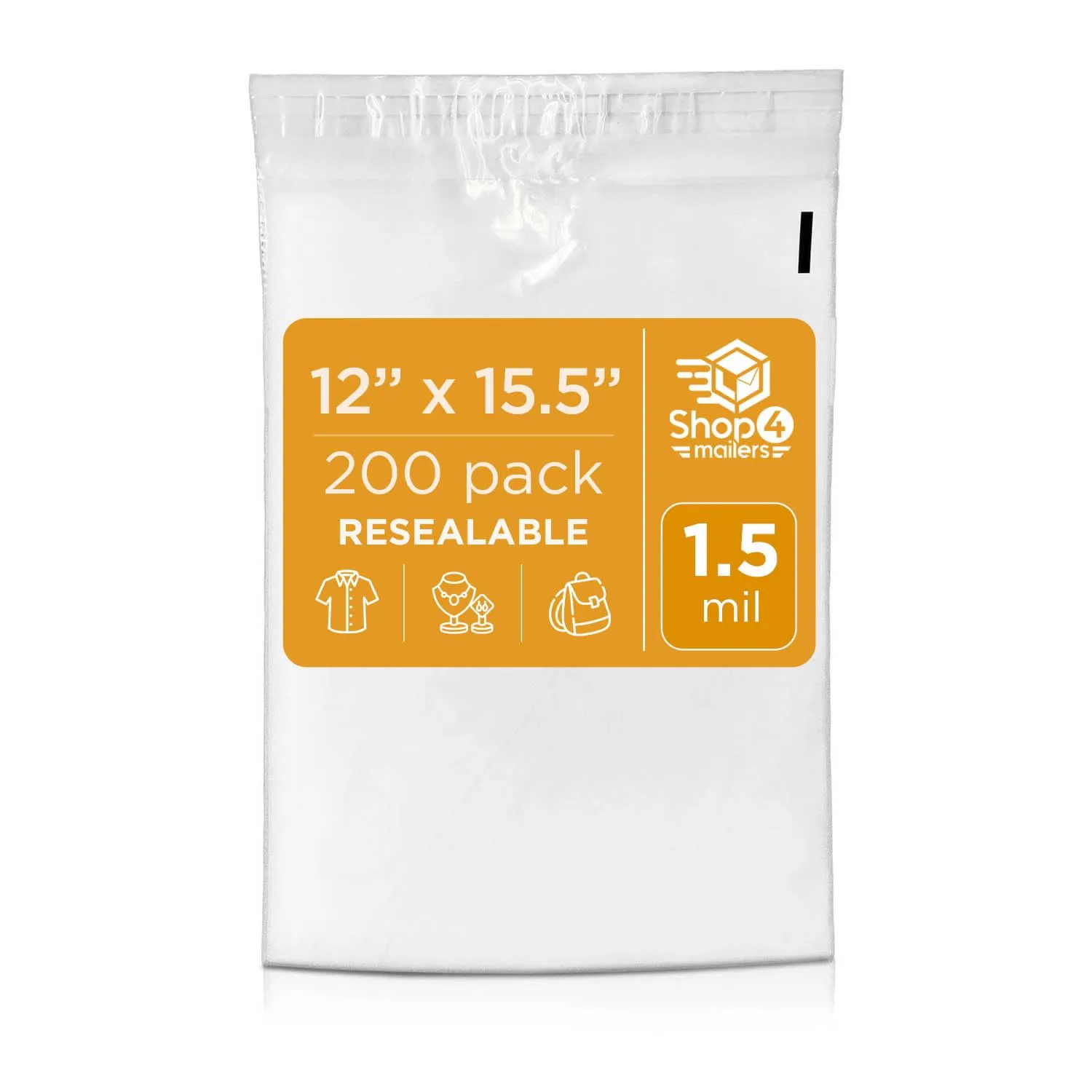 Shop4Mailers 12 x 15.5 Clear Plastic Poly Bags 1.5 Mil Self Seal Packaging for Apparel, Jewelry, Documents, Prints, Gifts, Storage – Resealable (200 Pack)