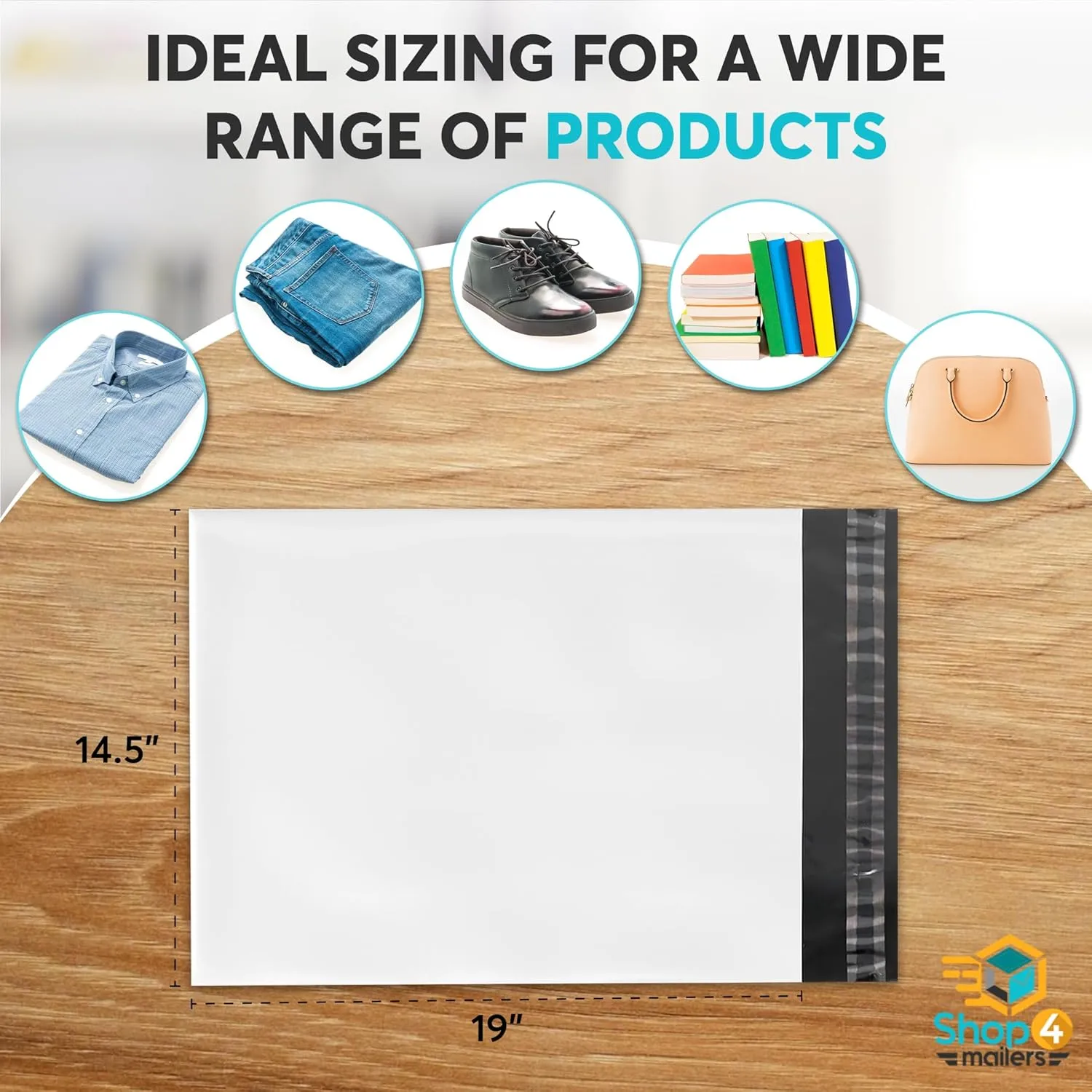 Shop4Mailers 14.5 x 19 Glossy White Plastic Self Seal Poly Mailer Flat Bags Waterproof Shipping Envelope 2 Mil for Apparel, Clothes, Shirts, Books – Permanent Adhesive Seal (100 Pack)