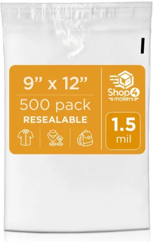 Shop4Mailers 9 x 12 Clear Plastic Poly Bags 1.5 Mil Self Seal Packaging for Apparel, Jewelry, Documents, Prints, Gifts, Storage – Resealable (500 Pack)