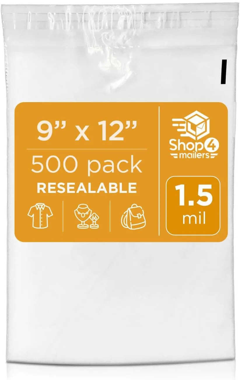 Shop4Mailers 9 x 12 Clear Plastic Poly Bags 1.5 Mil Self Seal Packaging for Apparel, Jewelry, Documents, Prints, Gifts, Storage – Resealable (500 Pack)