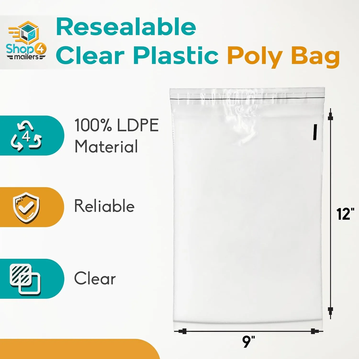 Shop4Mailers 9 x 12 Clear Plastic Poly Bags 1.5 Mil Self Seal Packaging for Apparel, Jewelry, Documents, Prints, Gifts, Storage – Resealable (500 Pack)
