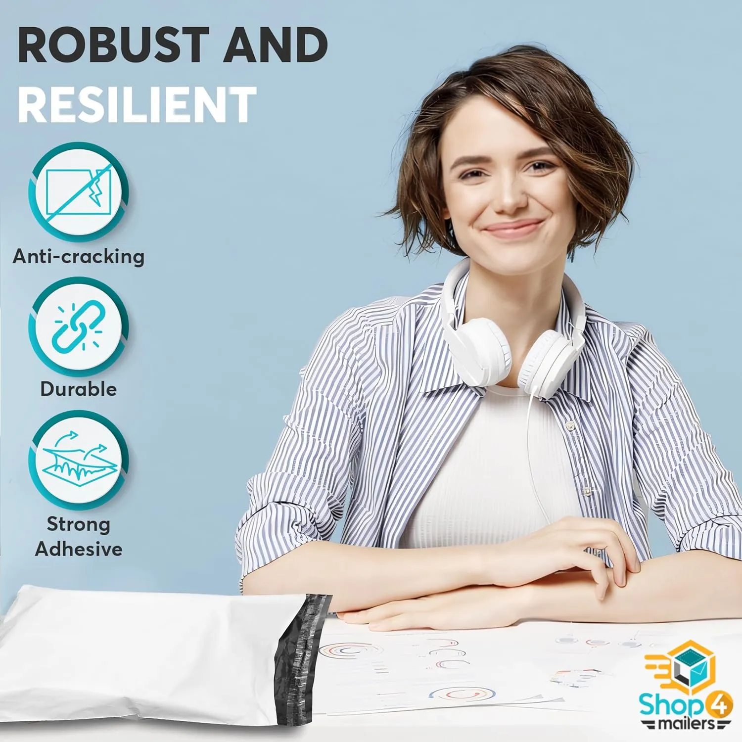 Shop4Mailers Glossy White Plastic Self Seal Poly Mailer Flat Bags Waterproof Shipping Envelope 2.1 Mil for Apparel, Clothes, Shirts, Books – Permanent Adhesive Seal 200 Pack (14.5x19)
