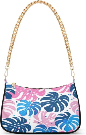 Shoulder Bags for Women Cute Blue and Pink Exotic Monstera Leaves Hobo Tote Handbag Small Clutch Purse with Zipper Closure