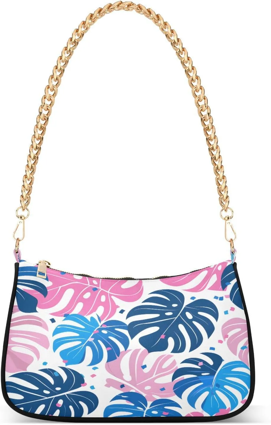 Shoulder Bags for Women Cute Blue and Pink Exotic Monstera Leaves Hobo Tote Handbag Small Clutch Purse with Zipper Closure