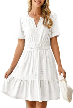 Simplee Womens 2025 Summer Mini Dress Eyelet Short Sleeve Cocktail Short Dresses Cute A Line Sun Dress with Pockets