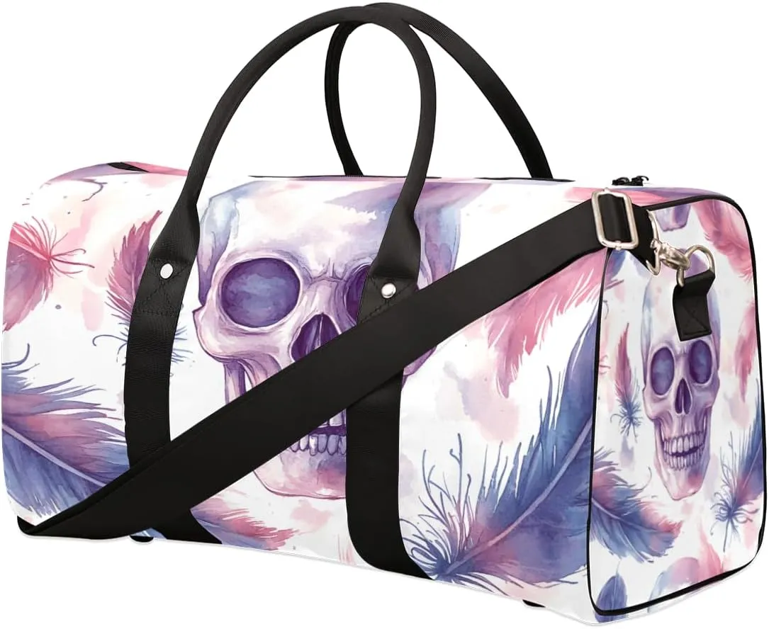 Skull Feather Travel Duffle Bag for Women Men Gym Duffel Foldable Bag Waterproof Weekender Vintage Halloween Duffle Tote