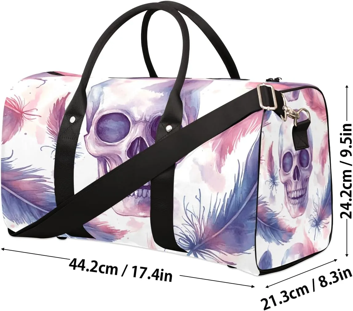 Skull Feather Travel Duffle Bag for Women Men Gym Duffel Foldable Bag Waterproof Weekender Vintage Halloween Duffle Tote