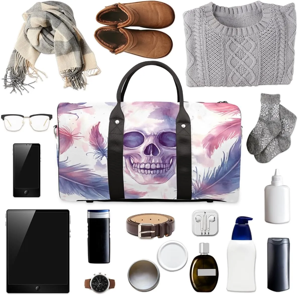 Skull Feather Travel Duffle Bag for Women Men Gym Duffel Foldable Bag Waterproof Weekender Vintage Halloween Duffle Tote