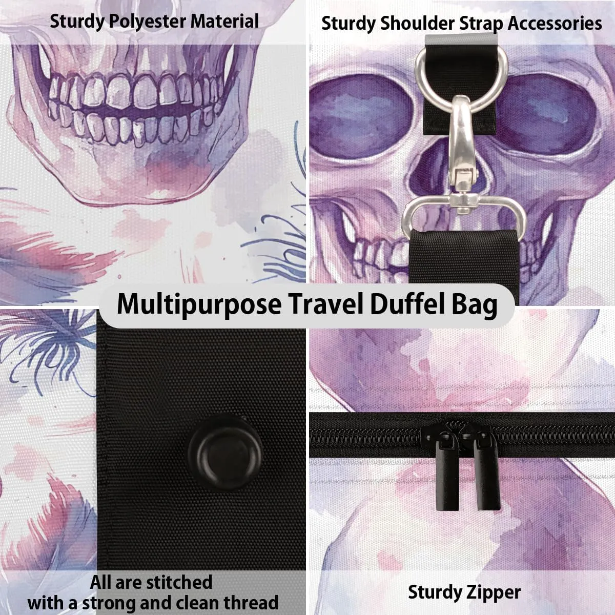 Skull Feather Travel Duffle Bag for Women Men Gym Duffel Foldable Bag Waterproof Weekender Vintage Halloween Duffle Tote