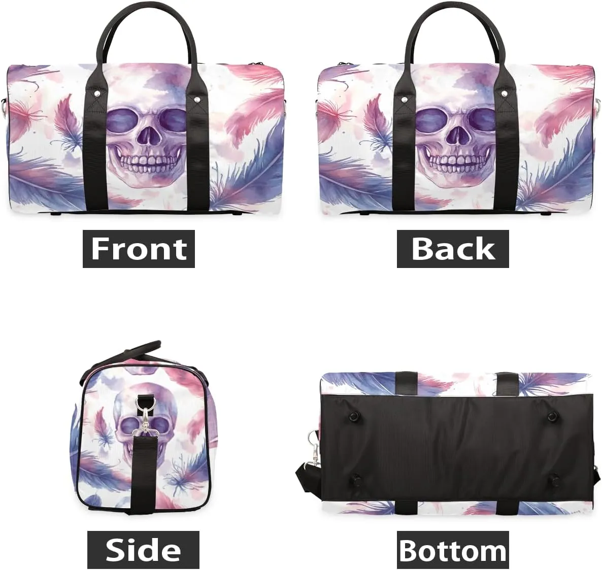 Skull Feather Travel Duffle Bag for Women Men Gym Duffel Foldable Bag Waterproof Weekender Vintage Halloween Duffle Tote