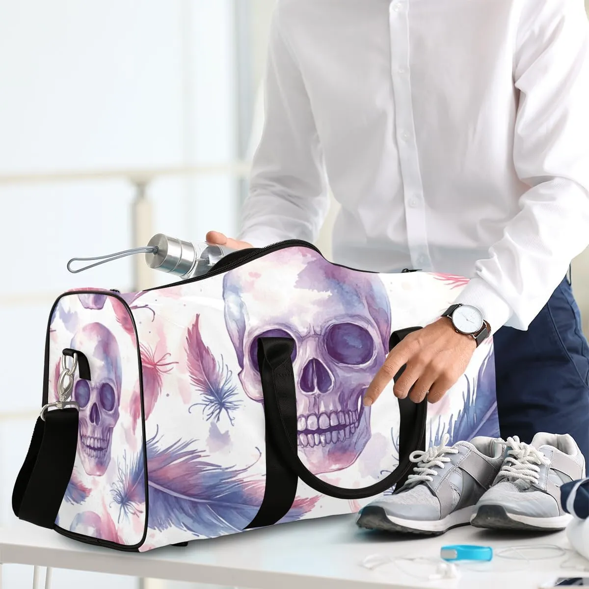 Skull Feather Travel Duffle Bag for Women Men Gym Duffel Foldable Bag Waterproof Weekender Vintage Halloween Duffle Tote