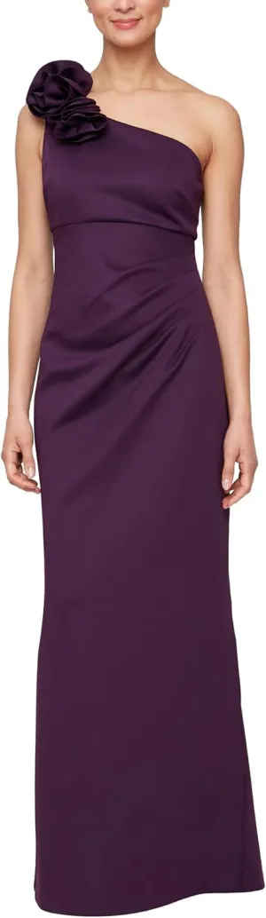 S.L. Fashions Women's Long Length Scuba One Shoulder Gown W/Flower Detail, Wedding Guest Dress, (Petite and Regular Sizes)
