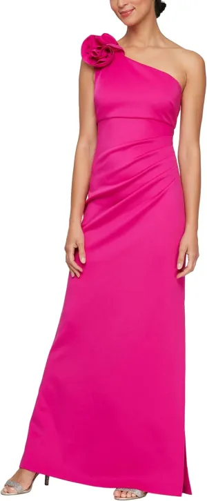 S.L. Fashions Women's Long Length Scuba One Shoulder Gown W/Flower Detail, Wedding Guest Dress, (Petite and Regular Sizes)