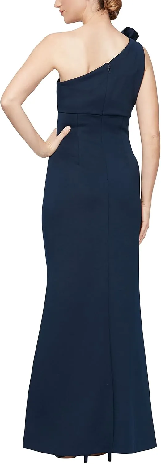 S.L. Fashions Women's Long Length Scuba One Shoulder Gown W/Flower Detail, Wedding Guest Dress, (Petite and Regular Sizes)