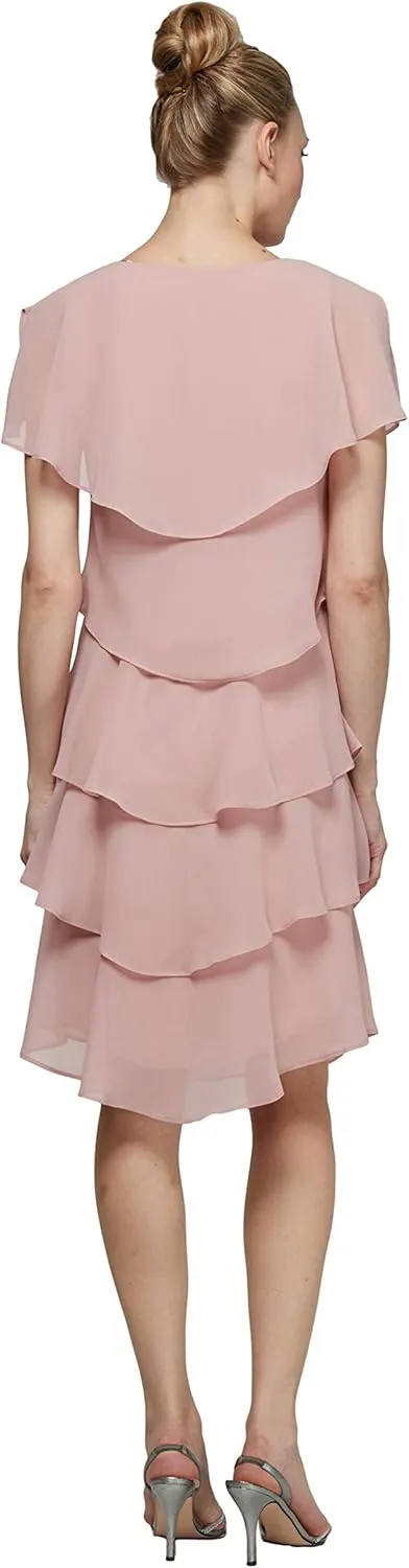 S.L. Fashions Women's Short Sleeve Tiered Chiffon Cocktail Dress, Wedding Guest Gown (Petite and Regular Sizes)