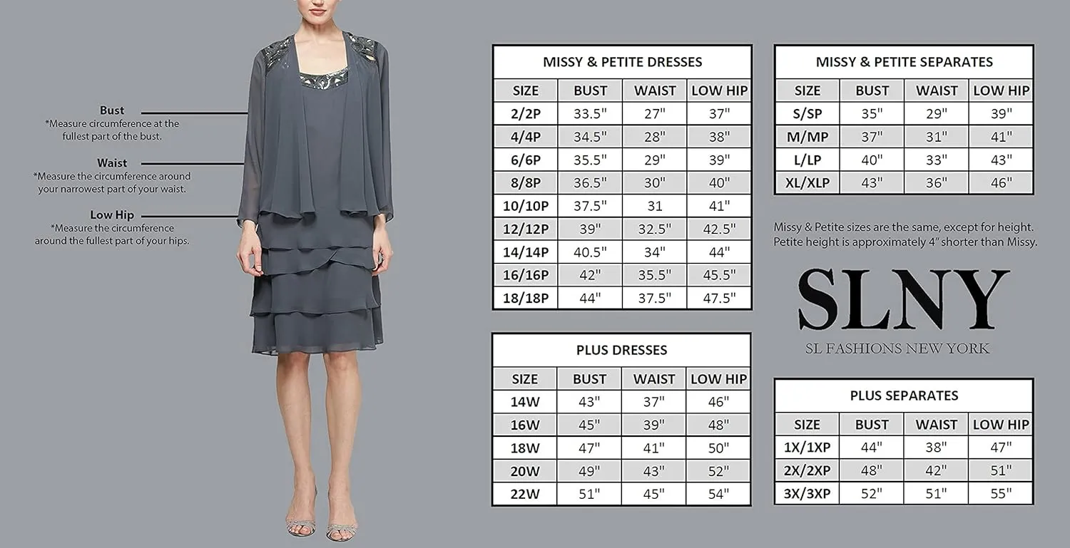 S.L. Fashions Women's Short Sleeve Tiered Chiffon Cocktail Dress, Wedding Guest Gown (Petite and Regular Sizes)