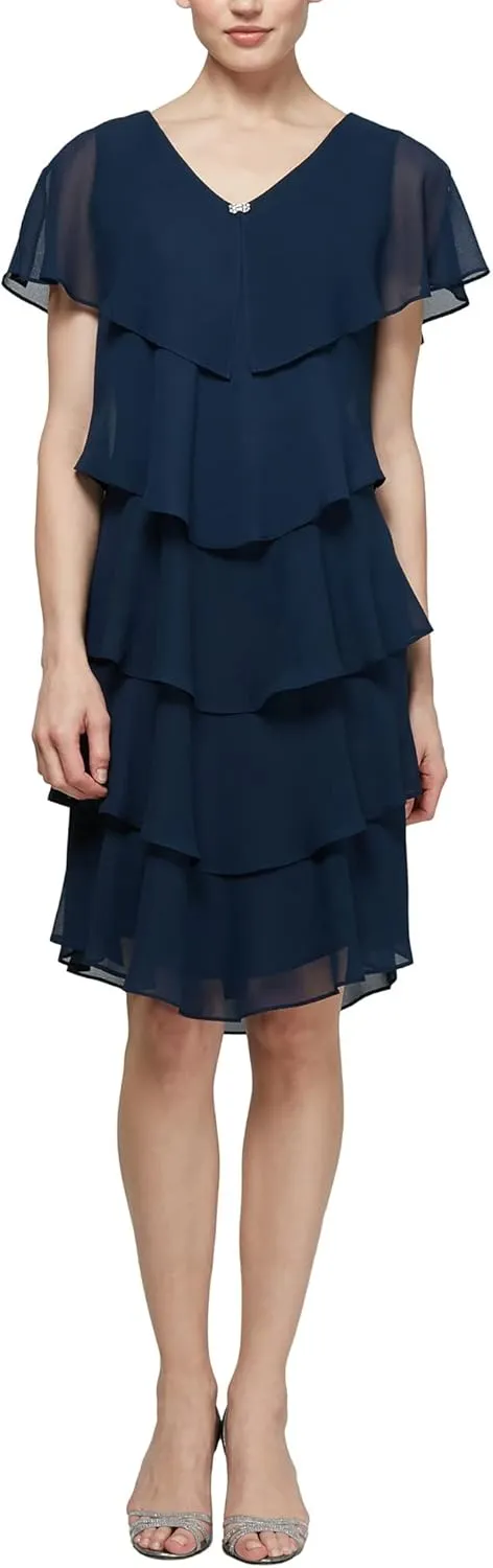 S.L. Fashions Women's Short Sleeve Tiered Chiffon Cocktail Dress, Wedding Guest Gown (Petite and Regular Sizes)