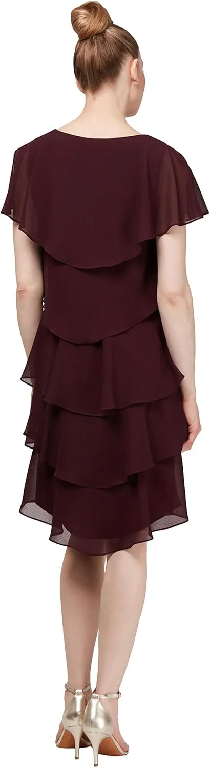 S.L. Fashions Women's Short Sleeve Tiered Chiffon Cocktail Dress, Wedding Guest Gown (Petite and Regular Sizes)