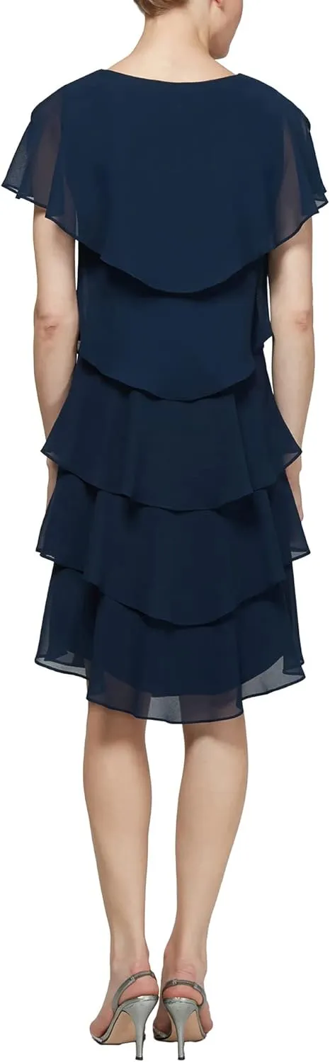 S.L. Fashions Women's Short Sleeve Tiered Chiffon Cocktail Dress, Wedding Guest Gown (Petite and Regular Sizes)