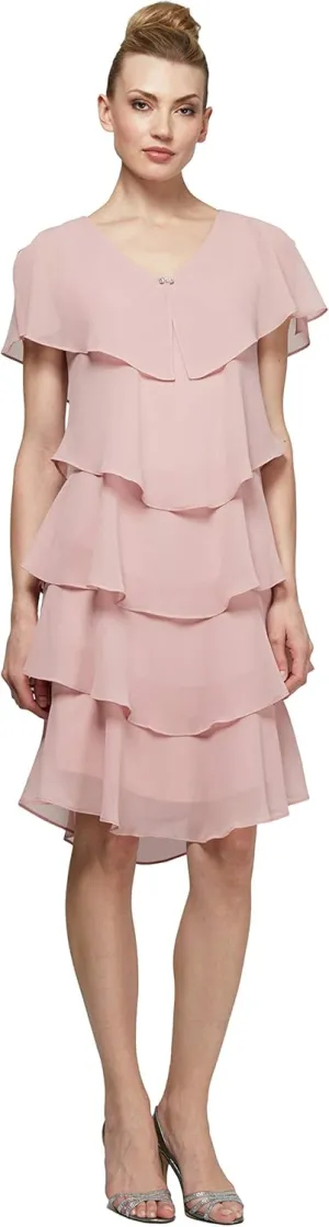 S.L. Fashions Women's Short Sleeve Tiered Chiffon Cocktail Dress, Wedding Guest Gown (Petite and Regular Sizes)