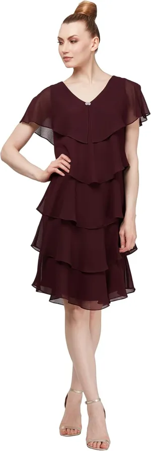 S.L. Fashions Women's Short Sleeve Tiered Chiffon Cocktail Dress, Wedding Guest Gown (Petite and Regular Sizes)