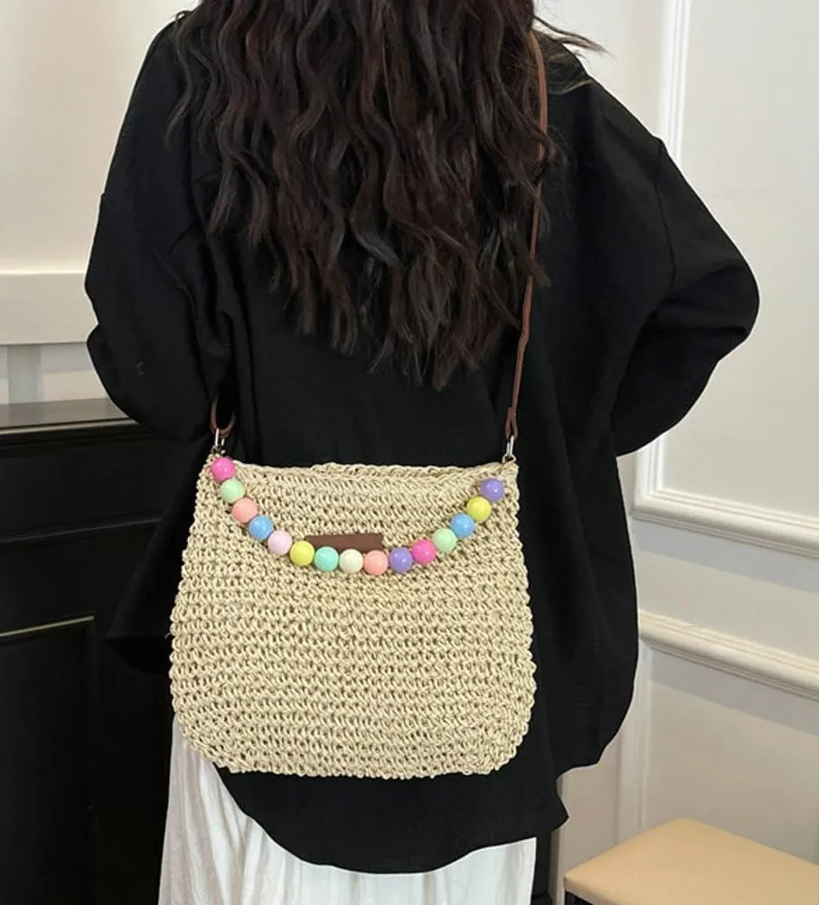 Small Straw Bucket Bag Woven Sling Bag for Women Crochet Cross-body Shoulder Bag Versatile Raffia Hobo Handbag for Travel