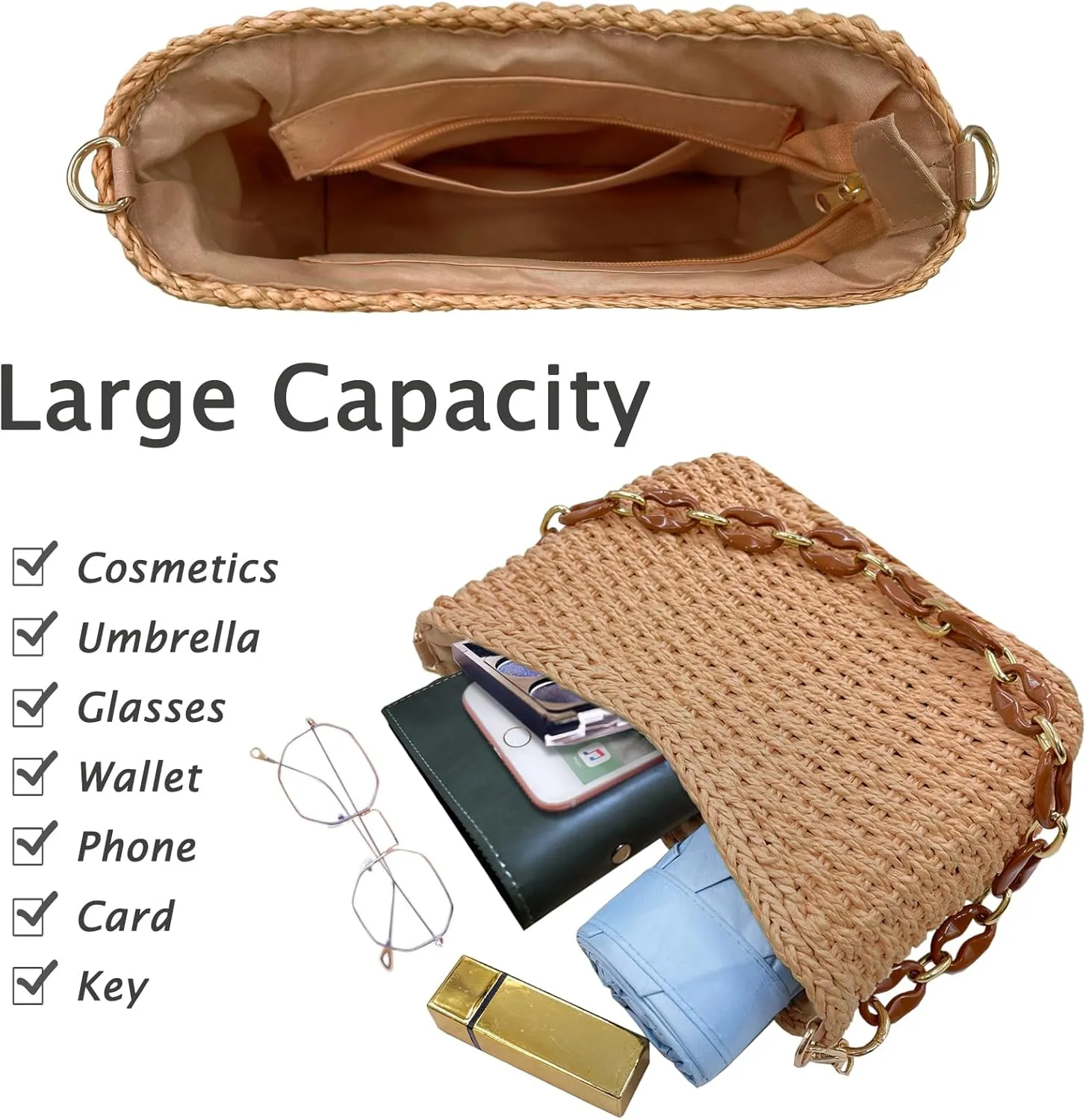Small Straw Handbags for Women Crossbody Pocketbooks Woven Shoulder Purses Beach Tote Bag for Summer Vacation with Chain