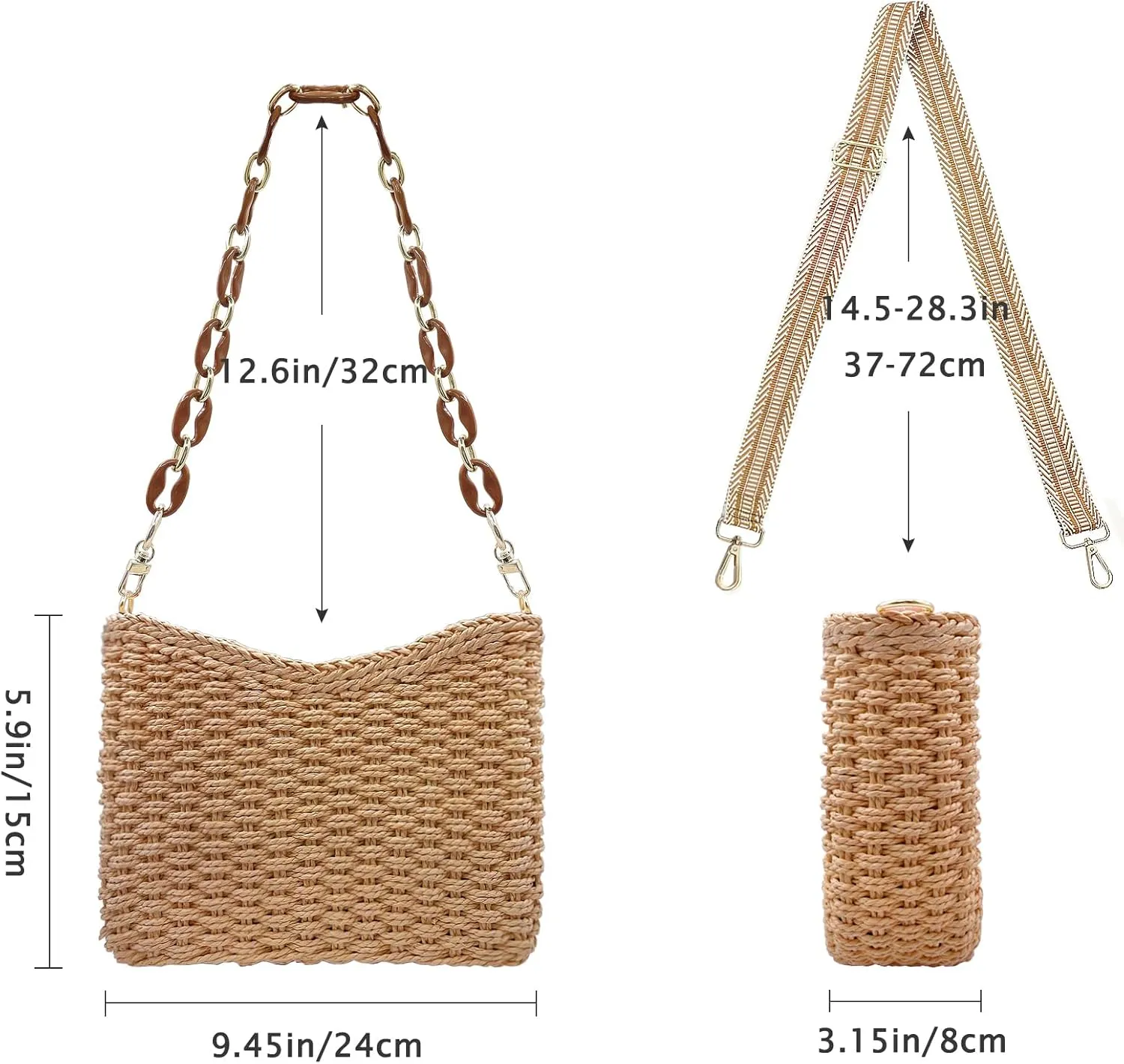 Small Straw Handbags for Women Crossbody Pocketbooks Woven Shoulder Purses Beach Tote Bag for Summer Vacation with Chain
