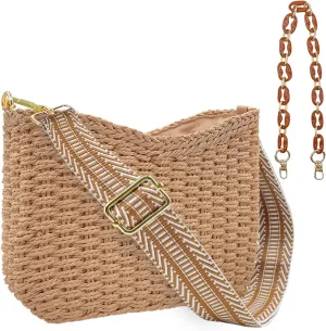 Small Straw Handbags for Women Crossbody Pocketbooks Woven Shoulder Purses Beach Tote Bag for Summer Vacation with Chain