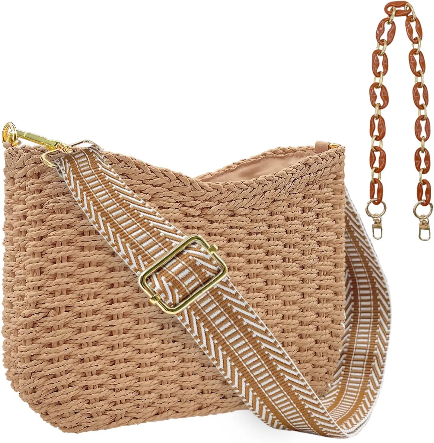 Small Straw Handbags for Women Crossbody Pocketbooks Woven Shoulder Purses Beach Tote Bag for Summer Vacation with Chain
